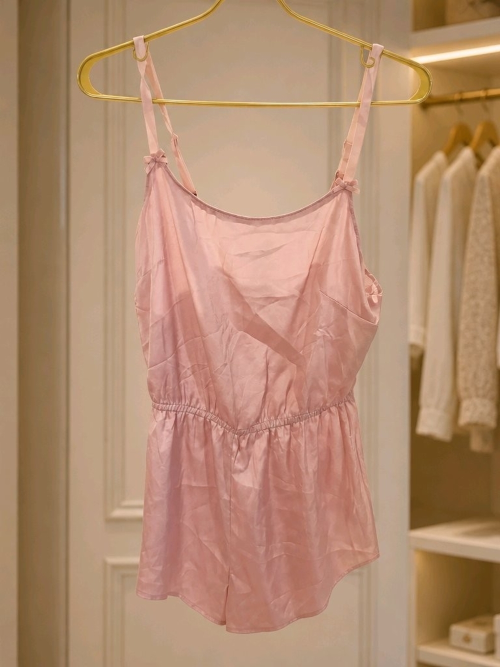 Auden Light Pink Satin Romper with Adjustable Straps